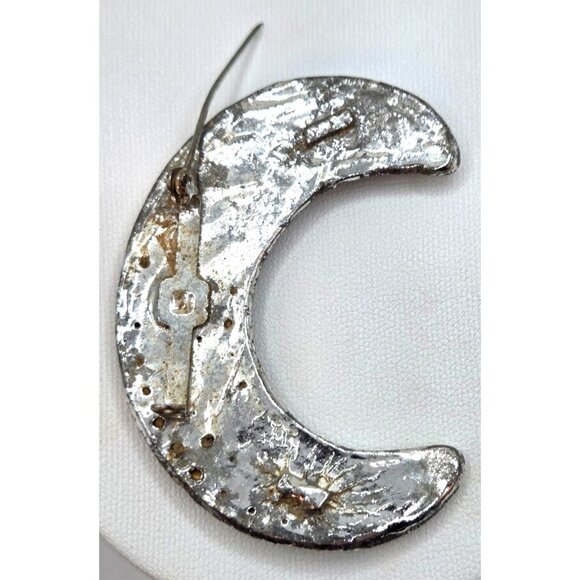 Vintage Rhinestone Crescent Moon Brooch Silver Tone - Picture 2 of 3